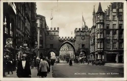 Ak München Bayern, Neuhauser Straße mit Karlstor, Geschäftsstraße