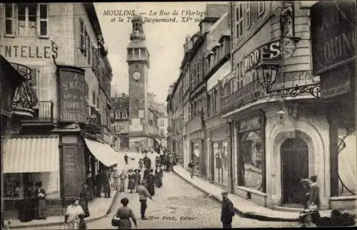 Ak Moulins Allier, Rue de l'Horloge, La Tour de Jacquemart