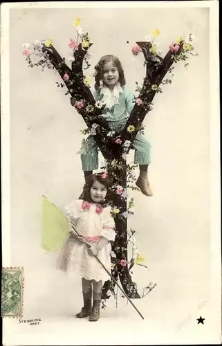 Buchstaben Ak Buchstabe Y, Kinder, Blumen, Schmetterlingsfangnetz