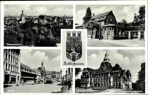 Ak Recklinghausen im Ruhrgebiet, Gesamtansicht, Saalbau, Markt, Rathaus, Wappen