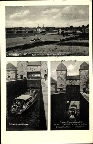 Ak Minden in Westfalen, Kanalbrücke, Salon Passagierschiff Porta Westfalica, Schachtschleuse