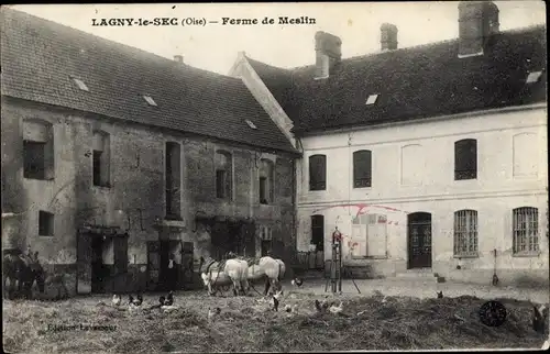 Ak Lagny le Sec Oise, Ferme de Meslin, Hühner, Pferde