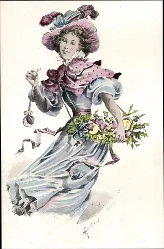 Künstler Ak Frau mit Hut mit Stechpalmenzweigen