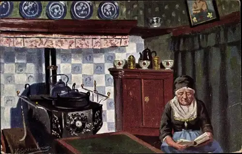 Künstler Ak Gerstenhauer, Johann Georg, Frau in niederländischer Tracht mit Buch am Herd