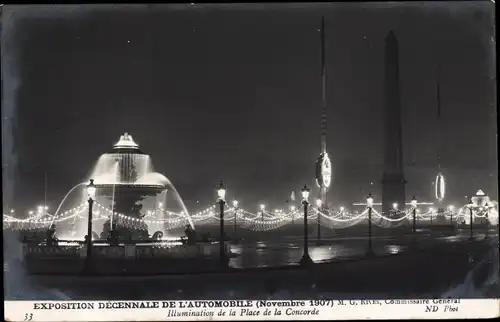 Ak Paris, Exposition Decennale de l'Automobile 1907, Illumination de la Place de la Concorde