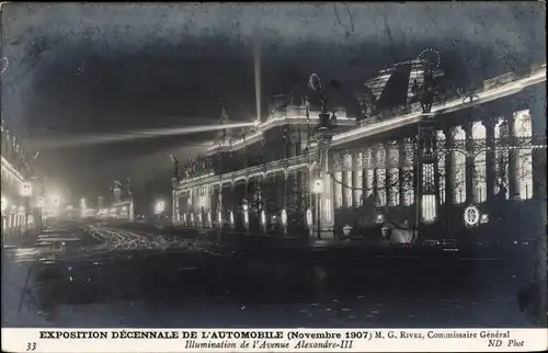 Ak Paris, Exposition Decennale de l'Automobile 1907, Illumination de l'Avenue Alexandre III