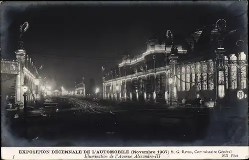 Ak Paris, Exposition Decennale de l'Automobile 1907, Illumination de l'Avenue Alexandre III