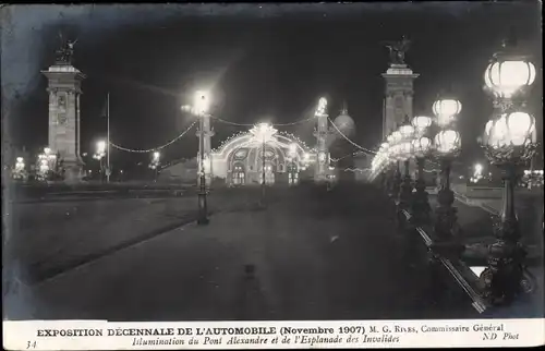 Ak Paris, Exposition Decennale de l'Automobile 1907, Illumination du Pont Alexandre
