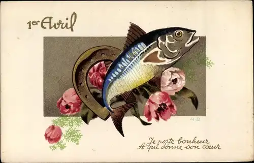 Künstler Ak 1. April, 1er Avril, Fisch, Hufeisen, Mohnblüten