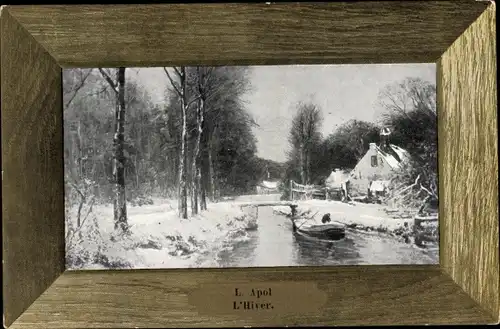 Passepartout Künstler Ak Apol, L., L'Hiver, Landschaft mit Fluss und Boot