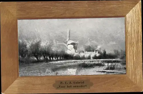 Passepartout Künstler Ak Gabriel, P. C. J., Voor het onweder, Windmühle