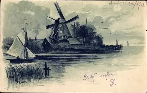 Künstler Litho Heine, Landschaft mit Windmühle und Segelboot