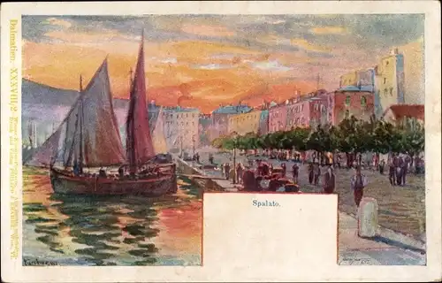 Künstler Ak Split Spalato Kroatien, Hafenpartie, Segelschiff
