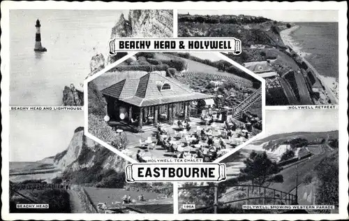 Ak Eastbourne East Sussex England, Beachy Head and Lighthouse, Holywell Tea Chalet