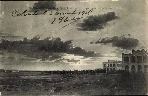 Ak Dschibuti, La nuit par clair de lune, Ortschaft im Mondschein, Wolken