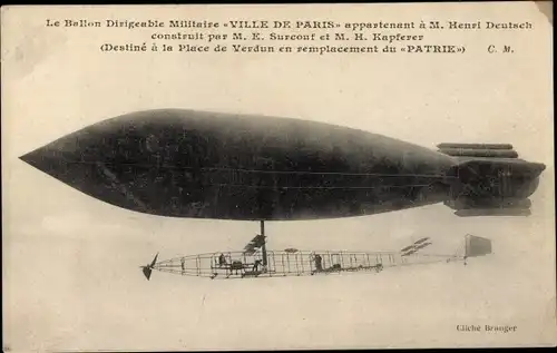 Ak Ballon dirigéable Ville de Paris, Henri Deutsch, Surcouf, Kapferer, Französisches Luftschiff