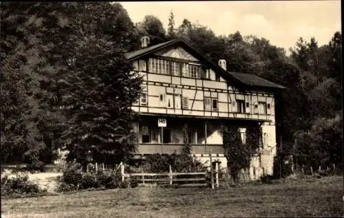 Ak Grimma in Sachsen, Blick zur Gaststätte Schiffmühle, Fachwerkhaus, Wald