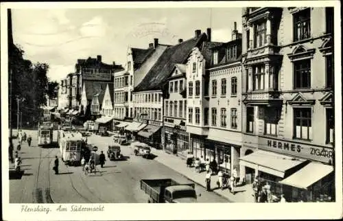 Ak Flensburg in Schleswig Holstein, Südermarkt, Hermes Zigarrengeschäft, Straßenbahnen