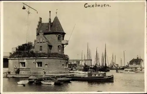 Ak Nordseebad Cuxhaven, Hafenpartie mit Segelbooten