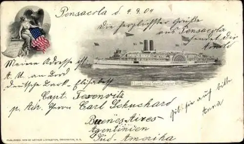 Ak, Dampf-Schiff, "A Long Island Sound Steamer", amerik. Flagge