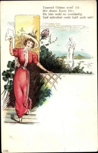 Künstler Ak Frau in rotem Kleid, "Tausend Grüsse send ich..."