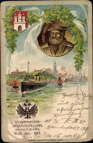 Litho Hamburg Mitte St. Pauli, Hans Sachs, Schumacher Fachausstellung in Hamburg 19.-28.Juli 1903