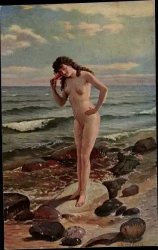 Künstler Ak Kostka, Joseph, Meeresrauschen, Frauenakt, nackte Frau am Meer, Busen