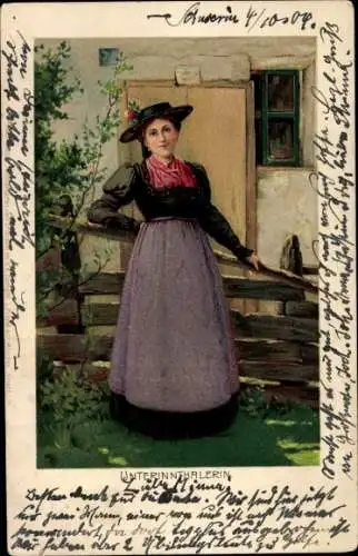 Litho Unterinntalerin in Volkstracht
