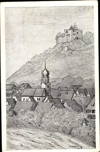 Künstler Ak Schuldis, Hecklingen Kenzingen im Breisgau Baden, Ruine Lichteneck, Blick auf den Ort