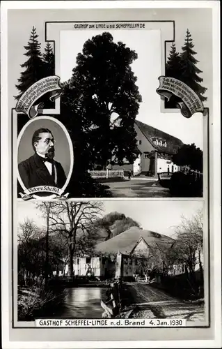 Ak Achdorf Blumberg am Schwarzwald, Gasthof Scheffellinde nach Brand 1930, Victor v. Scheffel