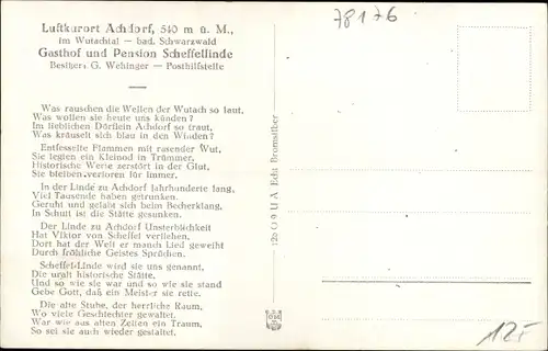 Ak Achdorf Blumberg am Schwarzwald, Gasthof Scheffellinde nach Brand 1930, Victor v. Scheffel