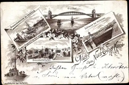 Litho Holtenau Kiel, Nord Ostsee Kanal, Straßendrehbrücke Rendsburg, Schleuse, Grünthal