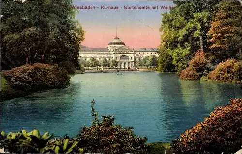 Ak Wiesbaden in Hessen, Kurhaus, Gartenseite mit Weiher