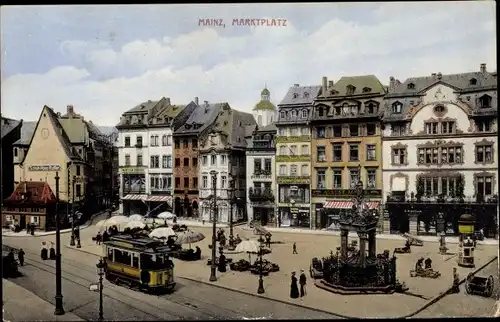 Ak Mainz am Rhein,  Marktplatz, stände, Brunnen, Straßenbahn