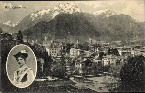 Ak Bad Reichenhall, Totale, Frau in Tracht