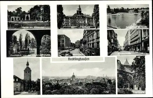 Ak Recklinghausen im Ruhrgebiet, Strandbad, Rathaus, Breitestraße, Petruskirche, Engelsburg, Totale