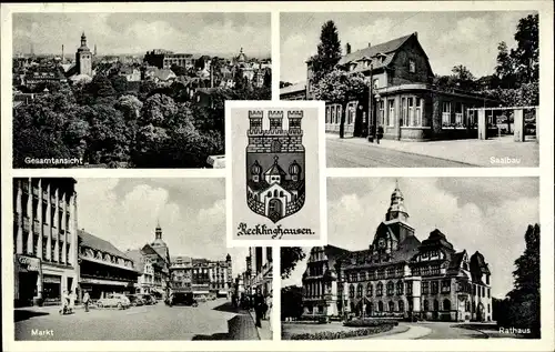 Ak Recklinghausen im Ruhrgebiet, Gesamtansicht, Saalbau, Markt, Rathaus, Wappen