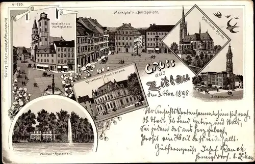 Litho Zittau in der Oberlausitz, Marktplatz, Amtsgericht, Johanneum, Kirche, Kaiserliches Postamt