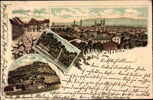 Litho Zittau in der Oberlausitz, Marktplatz, Amtsgericht, Gesamtansicht, Berg Oybin