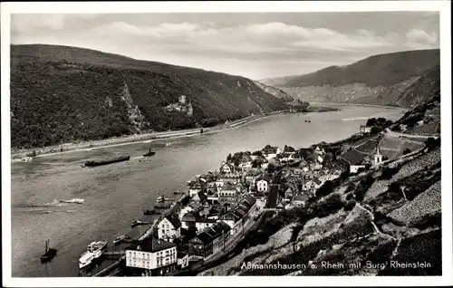 Ak Assmannshausen Rüdesheim am Rhein, Gesamtansicht, Burg Rheinstein