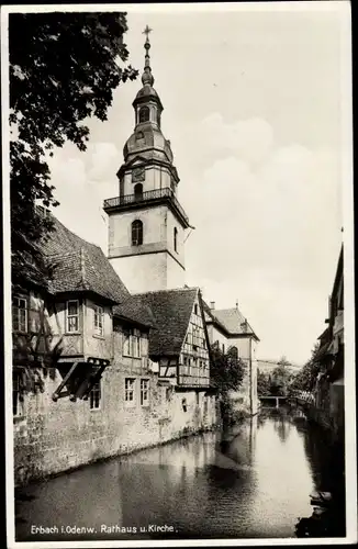 Ak Erbach im Odenwald Hessen, Rathaus und Kirche