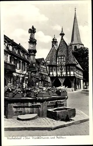 Ak Michelstadt im Odenwald, Marktbrunnen und Rathaus
