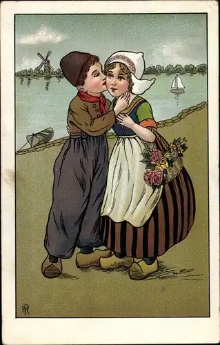 Ak Junge und Mädchen in niederländischen Trachten