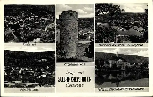 Ak Bad Karlshafen an der Weser, Hugenottenturm, Stadtbild, Gartenstadt, Hafen, Rathaus