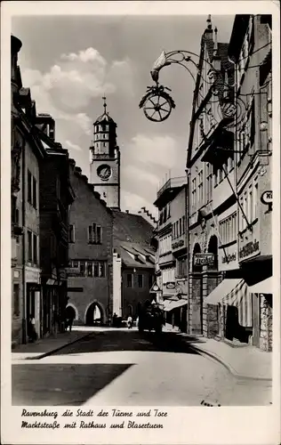 Ak Ravensburg in Oberschwaben, Marktstraße, Rathaus, Bläserturm