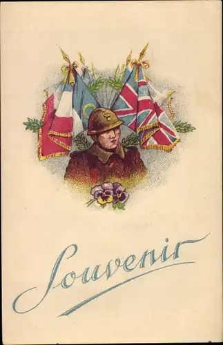 Ak Souvenir, Soldat in Uniform, französische und britische Flagge