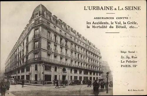 Ak Paris IX Opéra, L'Urbaine & La Seine, Assurances, Rue Le Peletier 37-39