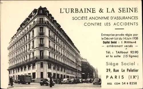 Ak Paris IX., L'U'rbaine et la Seine, Societe Anonyme d'Assurances contre les Accidents, Le Peletier