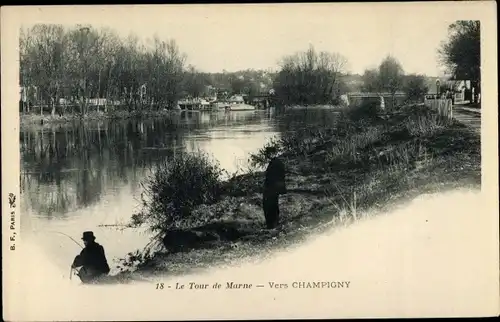 Ak Champigny Marne, La Tour de la Marne, Männer beim Angeln