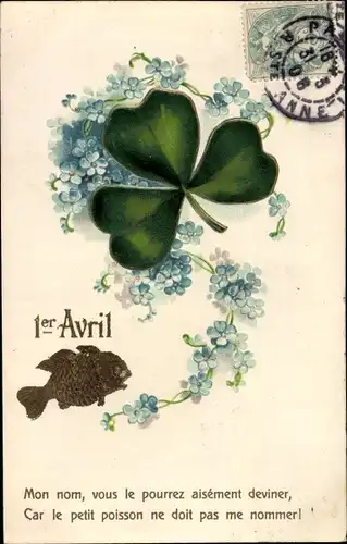 Ak 1. April, 1er Avril, Fisch, Kleeblätter, Vergissmeinnicht